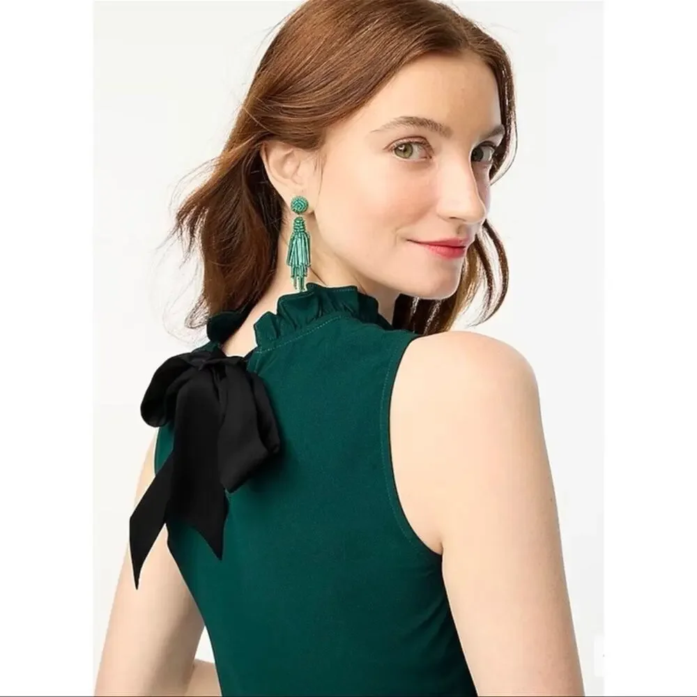 J. CREW | Emerald Green Ruffle Neck Black‎ Bow Back Top Blouse Sz. Small